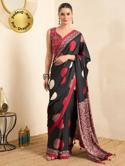 Akhilam - Women's Crepe Black Printed Ready to Wear Block Print Saree with Unstitched Blouse
