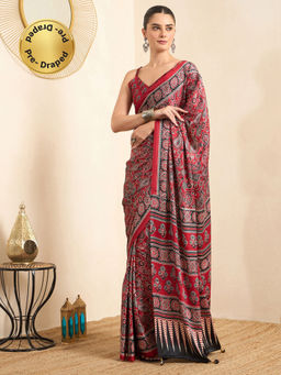Akhilam - Women's Crepe Maroon Printed Ready to Wear Block Print Saree with Unstitched Blouse