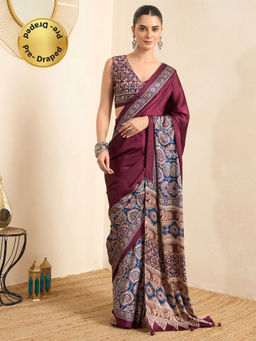 Akhilam - Women's Crepe Wine Printed Ready to Wear Block Print Saree with Unstitched Blouse