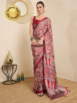 Akhilam - Women's Pure Crepe Red Printed Ready to Wear Block Print Saree with Unstitched Blouse