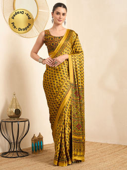 Akhilam - Women's Pure Crepe Mustard Printed Ready to Wear Party Wear Saree with Unstitched Blouse