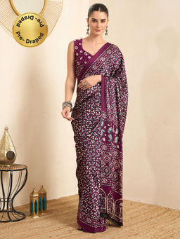Akhilam - Women's Pure Crepe Magenta Printed Ready to Wear Block Print Saree with Unstitched Blouse