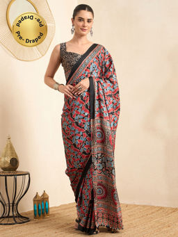 Akhilam - Women's Pure Crepe Black Printed Ready to Wear Block Print Saree with Unstitched Blouse