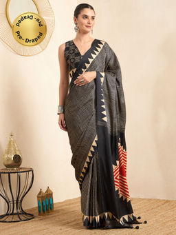 Akhilam - Women's Pure Crepe Black Printed Ready to Wear Party Wear Saree with Unstitched Blouse