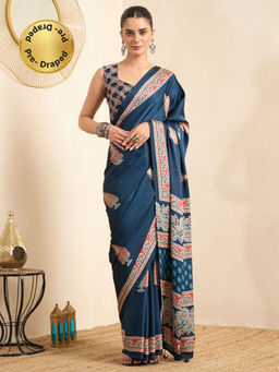 Akhilam - Women's Pure Crepe Teal Printed Ready to Wear Party Wear Saree with Unstitched Blouse