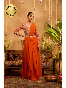 Alaya by Stage3 - Mastaani Embroidered Amber Flame Orange Pre-Draped Saree with Stitched Blouse