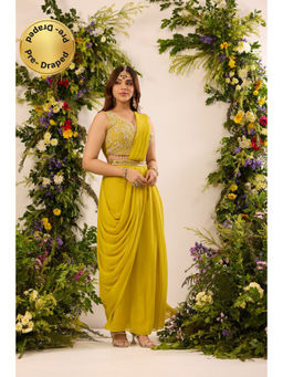 Alaya by Stage3 - Mastaani Embroidered Sunkissed Green Pre-Draped Saree with Stitched Blouse