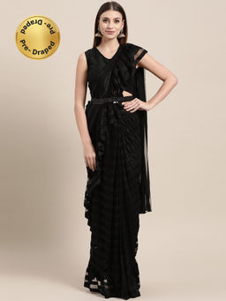 Ahalyaa - Black Striped Ready To Wear Saree With Stitched Blouse (Set of 2)