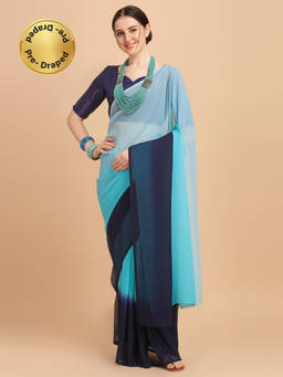 Amrutam Fab - Womens Padding Georgette Pleated Blue Saree With Unstitched Blouse Piece