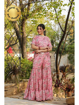 Anastay Clothing - Rose Pink Paisley Printed Pre Draped Saree with Stitched Blouse and Sharara