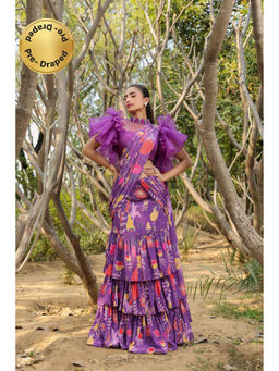 Anastay Clothing - Purple Multi Tiered Pre Draped Saree with Stitched Blouse and Sharara