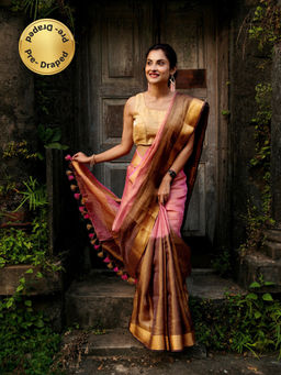 APAAPI THREADS OF GLORY - Pink-Brown Zari Linen Saree with Unstitched Blouse by Apaapi