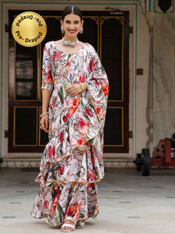 Asheera - Floral Gota Satin Off White Pre-Draped Saree With Stitched Blouse