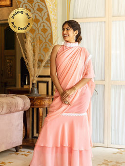 Asheera - Solid Lace Work Georgette Peach Pre-Draped Saree With Stitched Blouse
