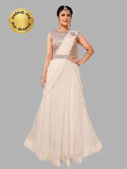 BC Balaji Creation - White Georgette Ready To Wear Saree with Stitched Embroidered Blouse