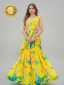 BC Balaji Creation - Yellow Floral Print Ready To Wear Saree with Stitched Blouse