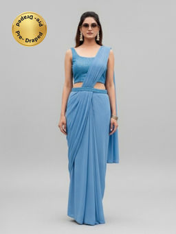 BC Balaji Creation - Georgette Ready To Wear Blue Saree with Stitched Embroidered Blouse