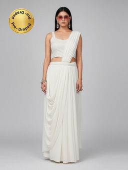 BC Balaji Creation - White Georgette Ready To Wear Saree with Stitched Embroidered Blouse