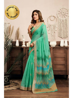 BFM - Green Printed Linen Ready To Wear Saree With Unstitched Blouse
