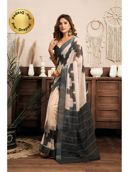 BFM - Cream Printed Linen Ready To Wear Saree With Unstitched Blouse