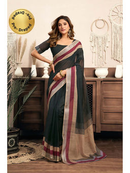 BFM - Black Printed Linen Ready To Wear Saree With Unstitched Blouse