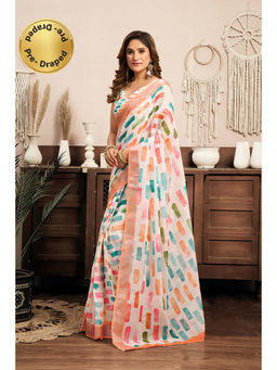 BFM - Multi Printed Linen Ready To Wear Saree With Unstitched Blouse