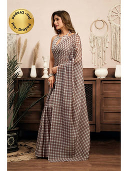 BFM - Brown Printed Linen Ready To Wear Saree With Unstitched Blouse