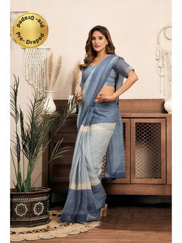 BFM - Blue Printed Linen Ready To Wear Saree With Unstitched Blouse
