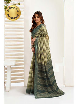 BFM - Teal Printed Linen Ready To Wear Saree With Unstitched Blouse