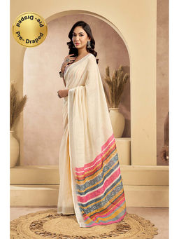BFM - Cream Printed Linen Ready To Wear Saree With Unstitched Blouse