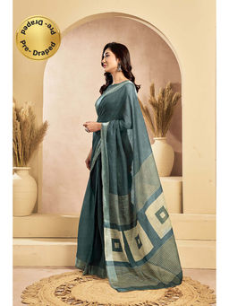 BFM - Teal Printed Linen Ready To Wear Saree With Unstitched Blouse