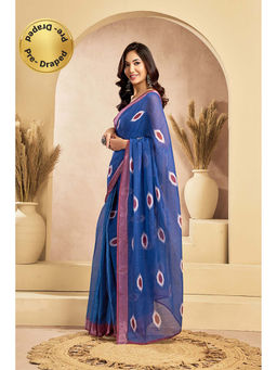 BFM - Blue Printed Linen Ready To Wear Saree With Unstitched Blouse