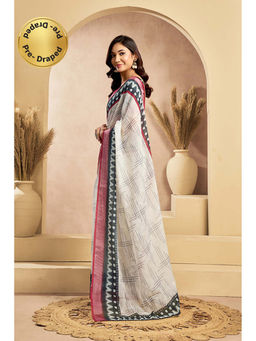BFM - White Printed Linen Ready To Wear Saree With Unstitched Blouse