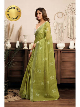 BFM - Green Printed Linen Ready To Wear Saree With Unstitched Blouse