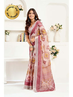BFM - Pink Printed Linen Ready To Wear Saree With Unstitched Blouse