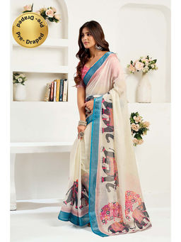 BFM - Off-White Printed Linen Ready To Wear Saree With Unstitched Blouse
