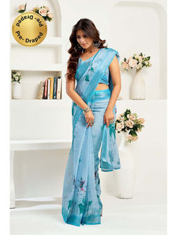 BFM - Blue Printed Linen Ready To Wear Saree With Unstitched Blouse