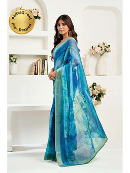 BFM - Blue Printed Linen Ready To Wear Saree With Unstitched Blouse