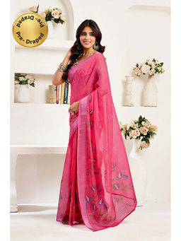 BFM - Magenta Printed Linen Ready To Wear Saree With Unstitched Blouse
