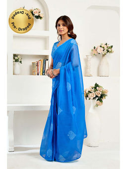 BFM - Blue Printed Linen Ready To Wear Saree With Unstitched Blouse