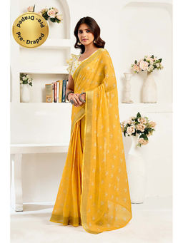BFM - Mustard White Printed Linen Ready To Wear Saree With Unstitched Blouse