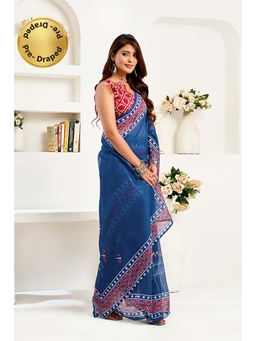 BFM - Navy Blue Printed Linen Ready To Wear Saree With Unstitched Blouse