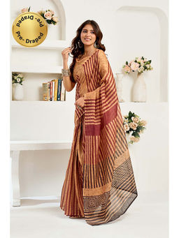 BFM - Brown Printed Linen Ready To Wear Saree With Unstitched Blouse