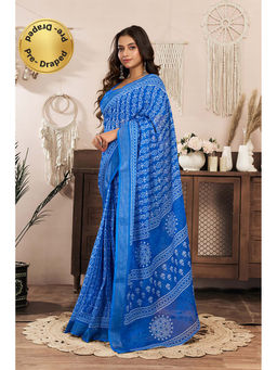 BFM - Blue Printed Linen Ready To Wear Saree With Unstitched Blouse