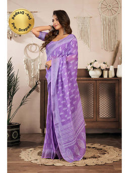BFM - Lavender Printed Linen Ready To Wear Saree With Unstitched Blouse