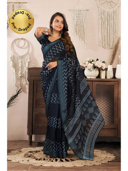 BFM - Black Printed Linen Ready To Wear Saree With Unstitched Blouse