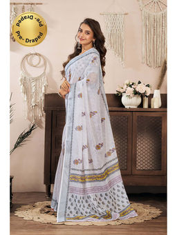 BFM - White Printed Linen Ready To Wear Saree With Unstitched Blouse