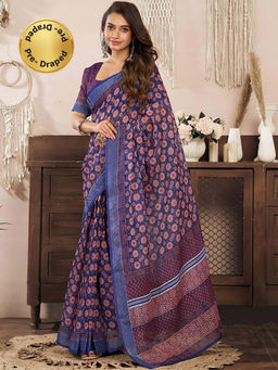 BFM - Navy Blue Printed Linen Ready To Wear Saree With Unstitched Blouse