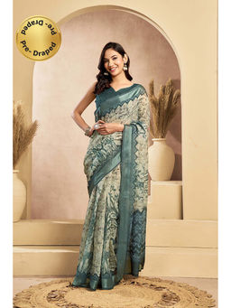 BFM - Teal Printed Linen Ready To Wear Saree With Unstitched Blouse