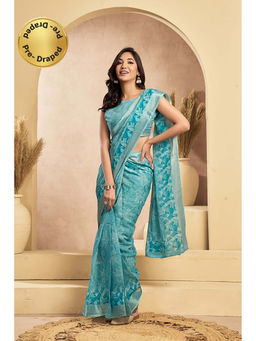 BFM - Sky Blue Printed Linen Ready To Wear Saree With Unstitched Blouse